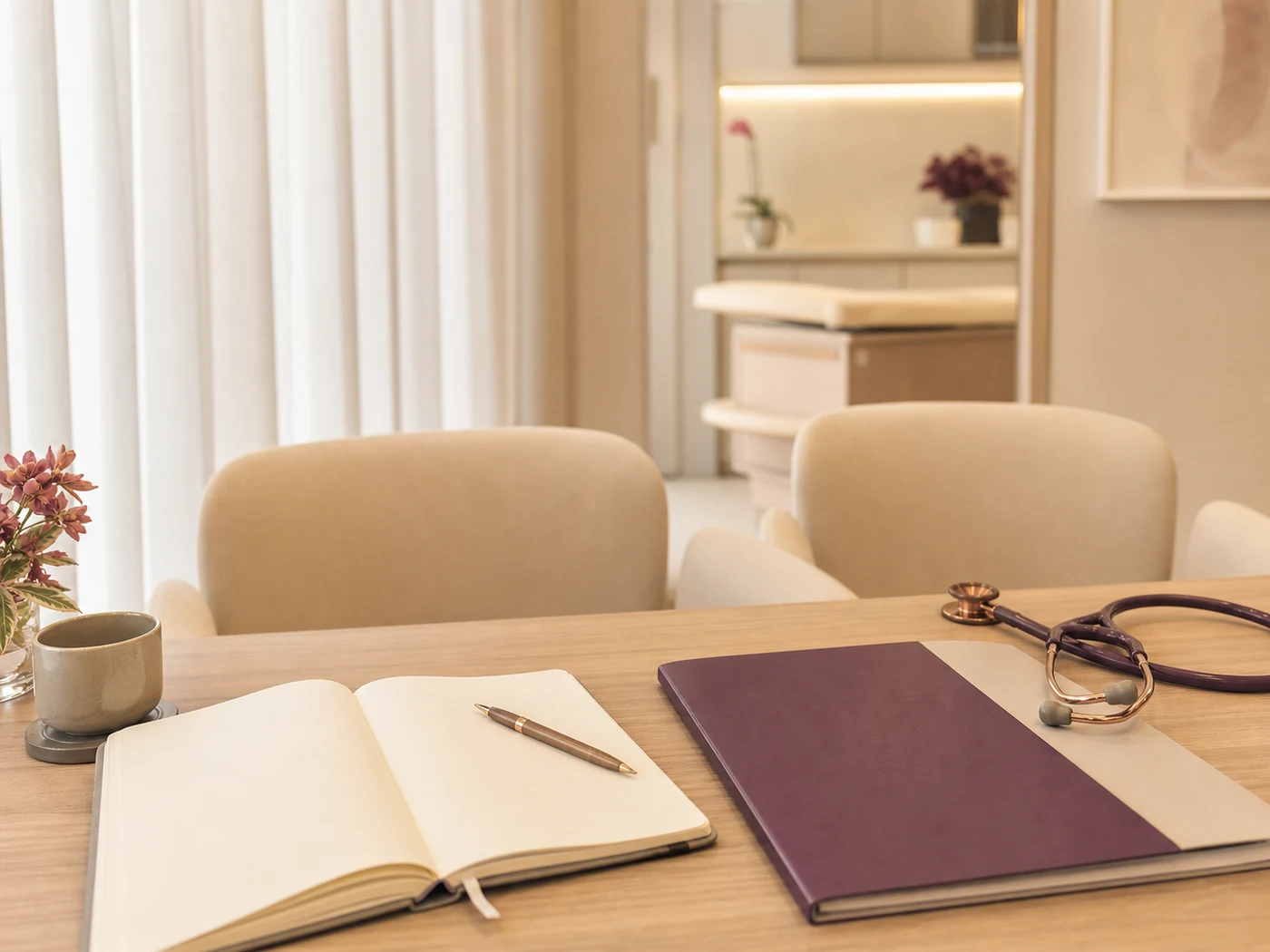 Mesa de consulta com caderno, pasta e estetoscópio